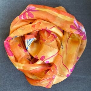 Stunning Collection XIIX Orange Pink Blue Floral Silk Scarf - Vintage 11”x54”